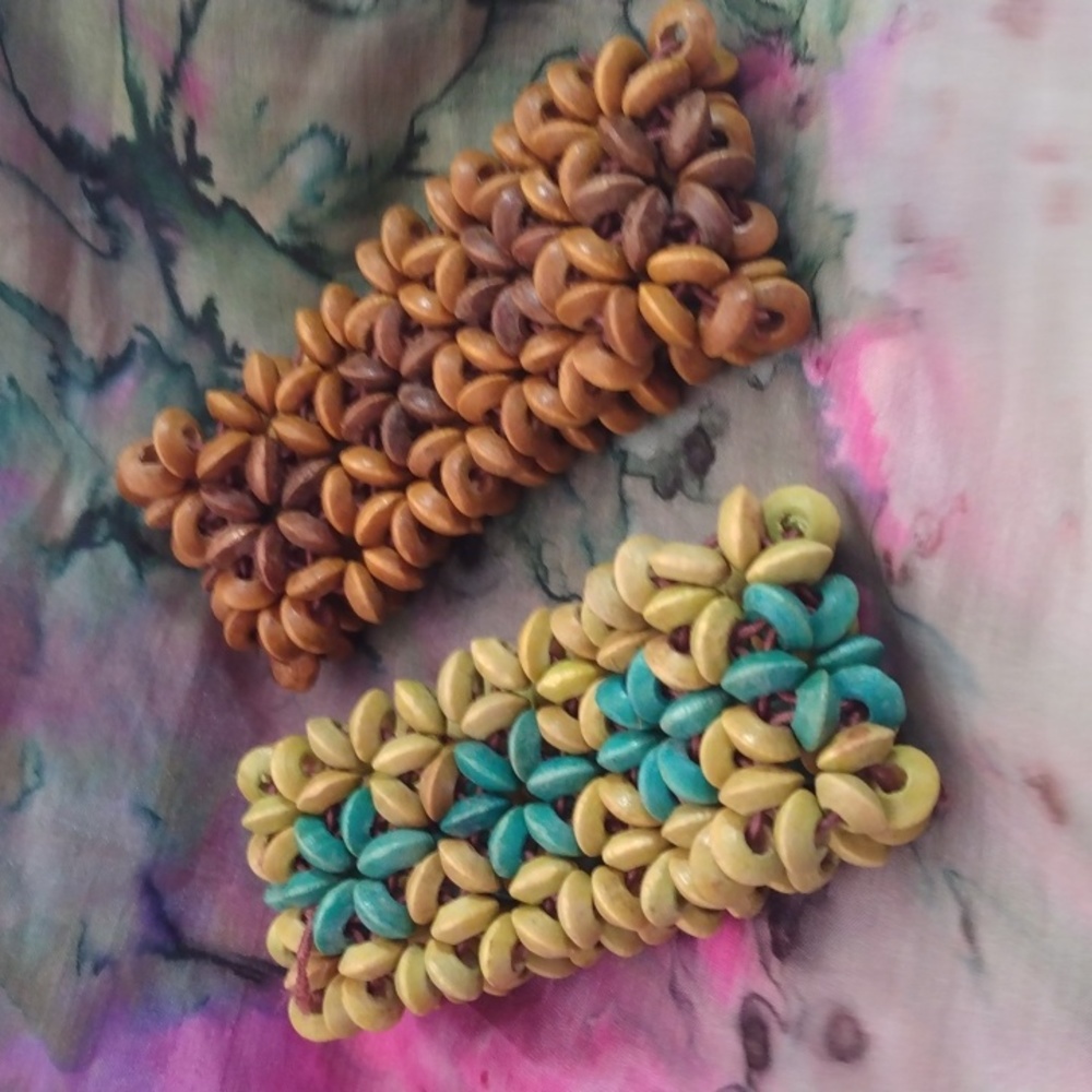 Pair of woven wood bead bracelets